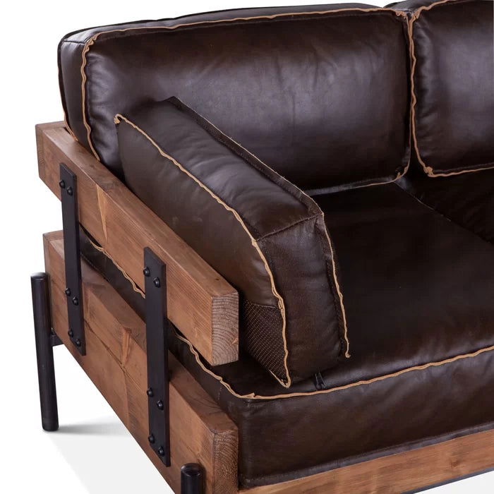 Metal & Genuine Leather Pillow Top Arm Sofa, Mocha Brown - Furnishiaa -  -